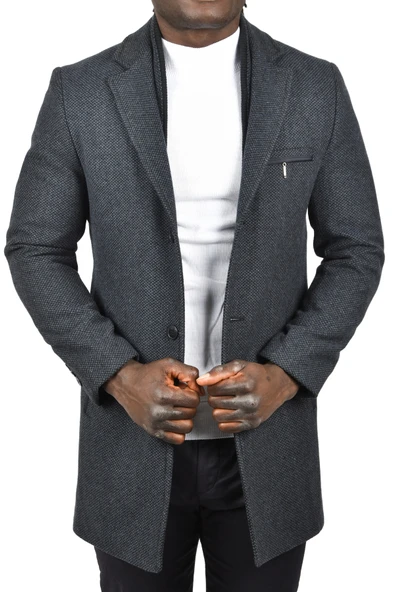 DeepSEA Çift Yaka Yakası Çıkabilen Kırçıllı Desen Dar Kesim Uzun Kaşe Kaban 2407002