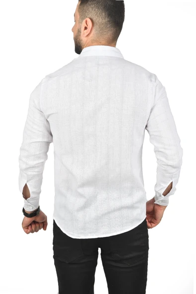 DeepSEA Slim Fit %100 Pamuk Keten Gömlek Dar Kesim Dokulu Keten Gömlek 2501301 - Resim 6