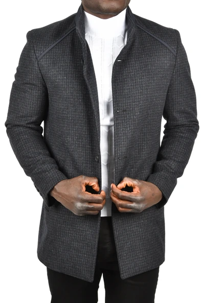 DeepSEA Pötikare Desenli Dik Yaka Dar Kesim Hakim Yaka Kaşe Kaban 2407003 - Resim 11