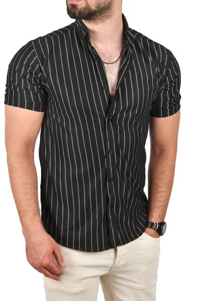 DeepSEA Slim Fit Likralı Spor Gömlek Dar Kesim Çizgili Kısa Kol Gömlek 2501218 - 2