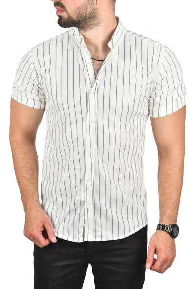 DeepSEA Slim Fit Likralı Spor Gömlek Dar Kesim Çizgili Kısa Kol Gömlek 2501218 - 8