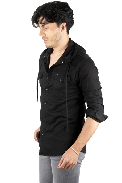 DeepSEA Kapüşonlu Slim Fit Dar Kesim Gömlek Likralı Pamuklu Likralı Kot Gömlek 2300396 - 5