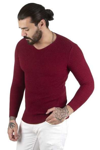 DeepSEA Kare Desenli Dar Kesim V Yaka Triko Kazak 2300341 - 6