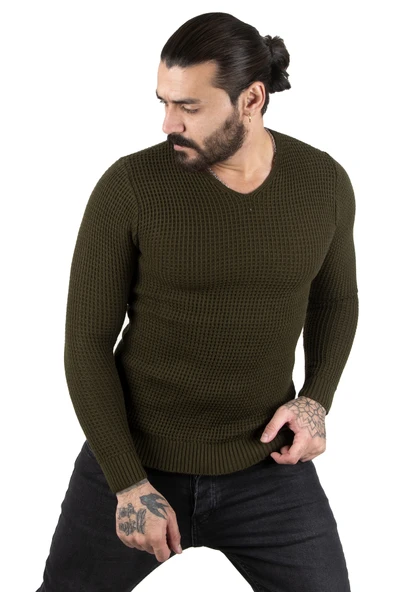 DeepSEA Kare Desenli Dar Kesim V Yaka Triko Kazak 2300341 - 1