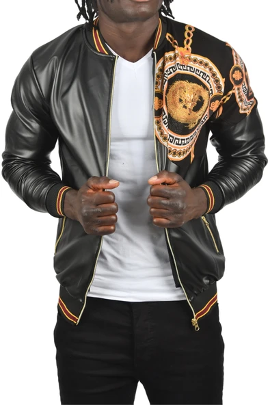 DeepSEA Taş İşlemeli Ejder Desenli Dar Kesim Fermuarlı Suni Deri Ceket Mont 2500616 - 7