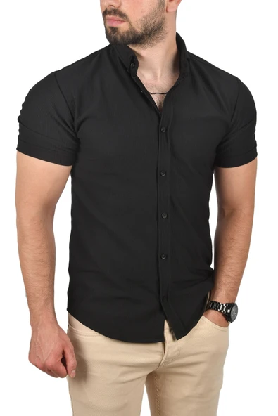 DeepSEA Slim Fit Pamuklu Spor Gömlek Likralı Dar Kesim Jakar Kumaş Kısa Kol Gömlek 2501210 - Resim 4