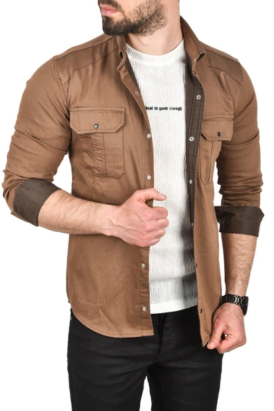 DeepSEA Slim Fit Kolay Ütülenebilir Pamuklu Spor Gömlek Likralı Kot Gömlek 2502505 - Resim 6