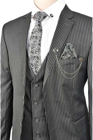 DeepSEA Çift Düğme Çift Yırtmaç Çizgili Slim Fit 3 Lü Takım Elbise 2300162 - 4