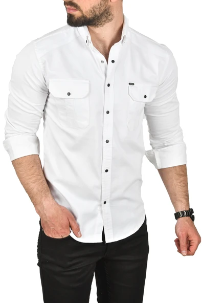 DeepSEA Slim Fit Kolay Ütülenebilir Pamuklu Spor Gömlek Likralı Kot Gömlek 2502505 - Resim 2