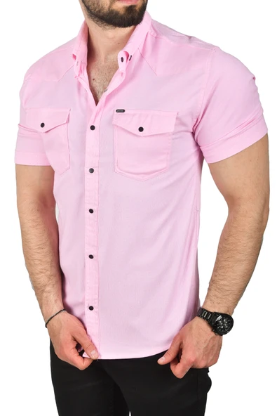 DeepSEA Slim Fit Pamuklu Likralı Kısa Kol Gömlek Kolay Ütülenebilir Çıt Çıtlı Cepli Spor Gömlek 2400253 - 7