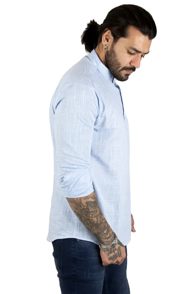 DeepSEA Yarım Düğmeli Hakim Yaka Flamlı Keten Gömlek 2201914 - Resim 7