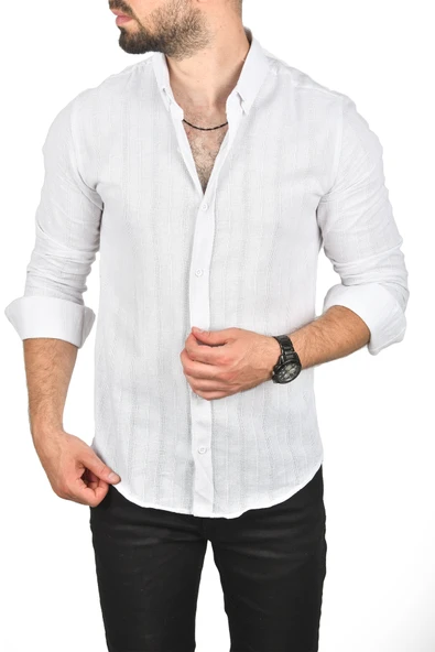 DeepSEA Slim Fit %100 Pamuk Keten Gömlek Dar Kesim Dokulu Keten Gömlek 2501301 - Resim 5