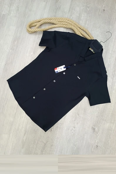 DeepSEA Gofre Kumaş Hakim Yaka Slim Fit Likralı Çıtçıtlı Kısa Kollu Gömlek 2403018 - Resim 6