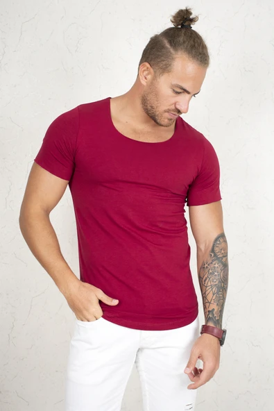 DeepSEA Geniş Yaka Likralı Tişört Oval Yaka Slim Fit Eteği Oval Açık Yaka T-shirt 1801199 - Resim 5
