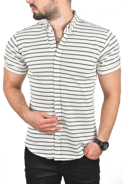 DeepSEA Slim Fit Örme Kumaş Gömlek Likralı Dar Kesim Kısa Kol Örme Triko Gömlek 2501208 - Resim 2