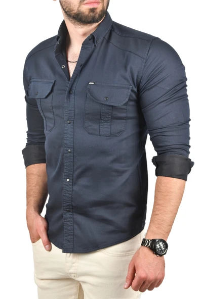 DeepSEA Slim Fit Kolay Ütülenebilir Pamuklu Spor Gömlek Likralı Kot Gömlek 2502505 - Resim 9