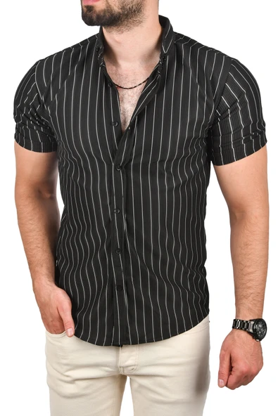 DeepSEA Slim Fit Likralı Spor Gömlek Dar Kesim Çizgili Kısa Kol Gömlek 2501218 - 4