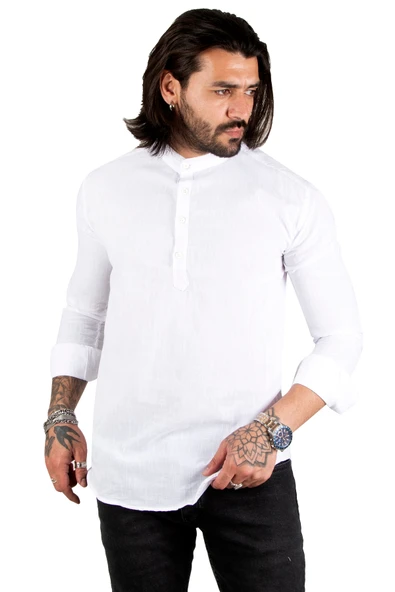 DeepSEA Yarım Düğmeli Hakim Yaka Flamlı Keten Gömlek 2201914 - Resim 2