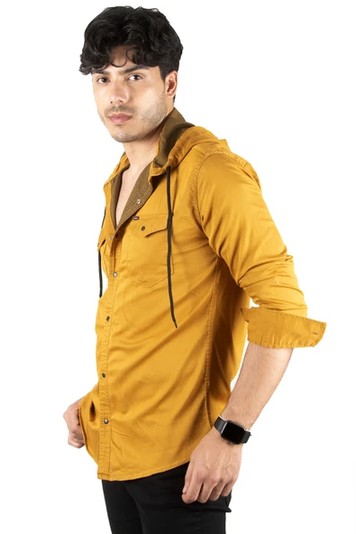 DeepSEA Kapüşonlu Slim Fit Dar Kesim Gömlek Likralı Pamuklu Likralı Kot Gömlek 2300396 - 9