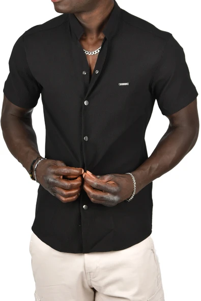 DeepSEA Gofre Kumaş Hakim Yaka Slim Fit Likralı Çıtçıtlı Kısa Kollu Gömlek 2403018 - Resim 5