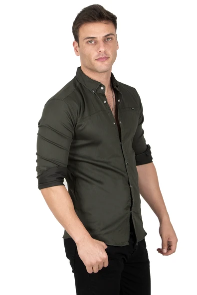 DeepSEA Dar Kesim Çıt Çıt Düğmeli Pamuklu Kot Gömlek Likralı Spor Gömlek 2300412 - Resim 4