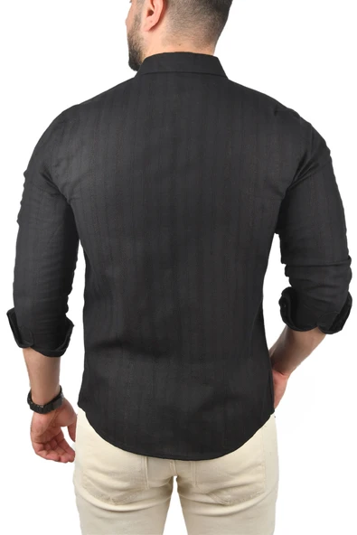 DeepSEA Slim Fit %100 Pamuk Keten Gömlek Dar Kesim Dokulu Keten Gömlek 2501301 - Resim 11