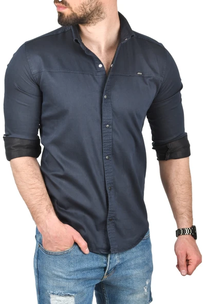 DeepSEA Slim Fit Pamuklu Kot Gömlek Kolay Ütülenebilir Çıt Çıtlı Likralı Spor Gömlek 2502504 - 4
