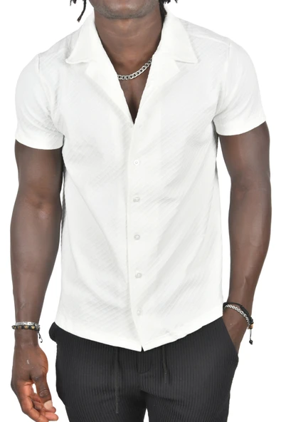 DeepSEA Kabartma Çizgi Desenli Slim Fit Kısa Kollu Penye Gömlek 2403221 - 1