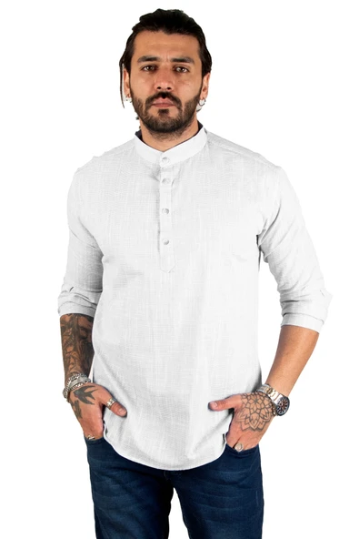 DeepSEA Yarım Düğmeli Hakim Yaka Flamlı Keten Gömlek 2201914 - Resim 12