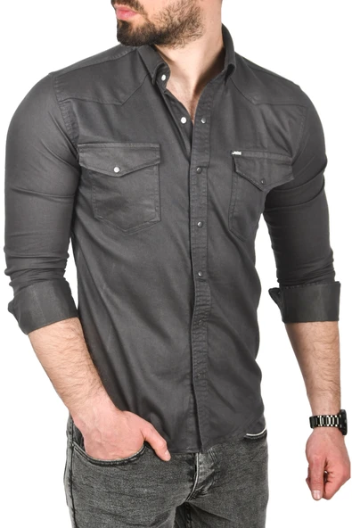DeepSEA Slim Fit Pamuklu Cepli Kot Gömlek Çıtçıtlı Uzun Kollu Spor Gömlek 2502503 - 10