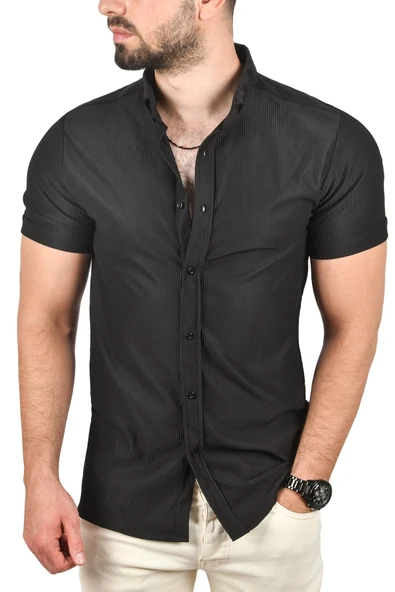 DeepSEA Slim Fit Likralı Spor Gömlek Dar Kesim Jakar Kumaş Kısa Kol Gömlek 2500804 - Resim 7