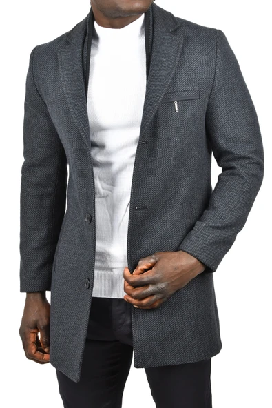 DeepSEA Çift Yaka Yakası Çıkabilen Kırçıllı Desen Dar Kesim Uzun Kaşe Kaban 2407002 - 2