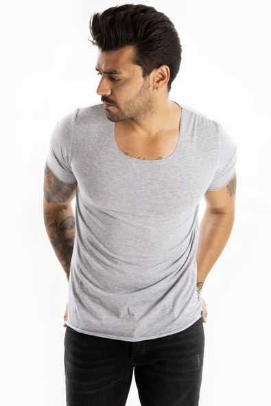 DeepSEA Geniş Yaka Likralı Tişört Oval Yaka Slim Fit Eteği Oval Açık Yaka T-shirt 1801199 - Resim 8