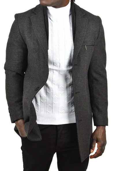 DeepSEA Çift Yaka Yakası Çıkabilen Kırçıllı Desen Dar Kesim Uzun Kaşe Kaban 2407002 - 8