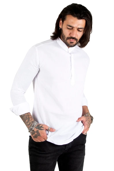 DeepSEA Yarım Düğmeli Hakim Yaka Flamlı Keten Gömlek 2201914 ürün görseli