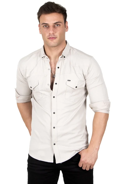 DeepSEA Slim Fit Dar Kesim Spor Gömlek Likralı Pamuklu Kot Gömlek 2300419 - Resim 5