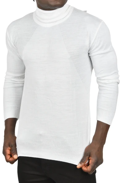 DeepSEA Tam Balıkçı Yaka Yanları Desenli Slim Fit Boğazlı Triko Kazak 2505495 - Resim 5