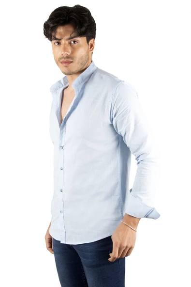 DeepSEA Slim Fit Dar Kesim Keten Gömlek Hakim Yaka Pamuklu Keten Spor Gömlek 2201895 - Resim 7