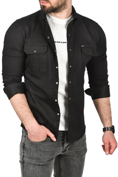 DeepSEA Slim Fit Kolay Ütülenebilir Pamuklu Spor Gömlek Likralı Kot Gömlek 2502505 - Resim 5