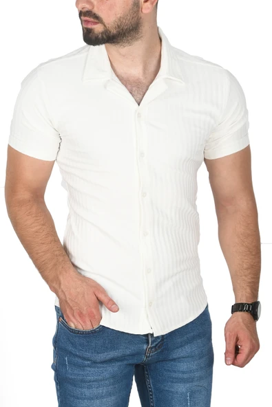 DeepSEA Slim Fit Apaş Yaka Kısa Kol Penye  Gömlek Jakar Kumaş Dar Kesim Spor Gömlek 2501217 ürün görseli