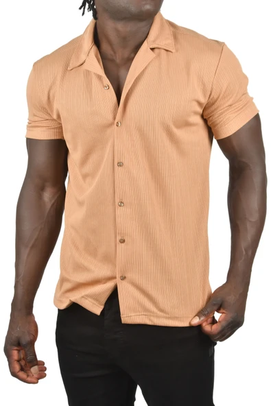 DeepSEA İnce Fitilli Likralı Düğmeli Kısa Kollu Penye Gömlek 2201889 - Resim 5