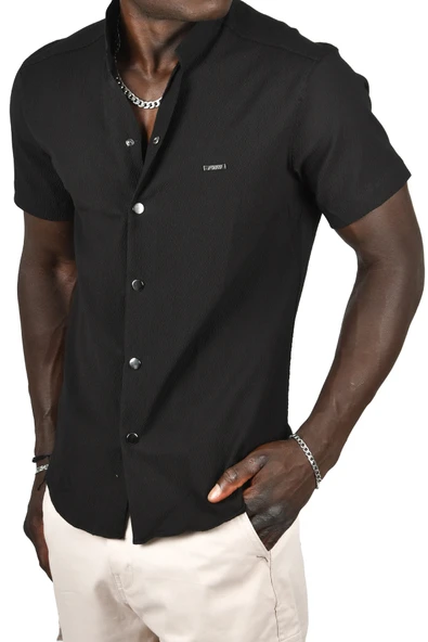 DeepSEA Gofre Kumaş Hakim Yaka Slim Fit Likralı Çıtçıtlı Kısa Kollu Gömlek 2403018 - Resim 2