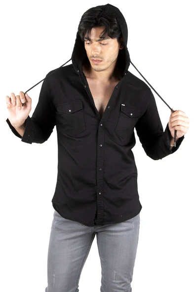 DeepSEA Kapüşonlu Slim Fit Dar Kesim Gömlek Likralı Pamuklu Likralı Kot Gömlek 2300396 - 4