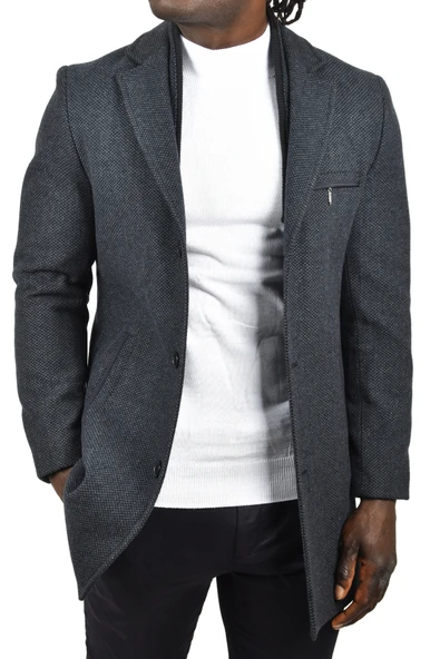 DeepSEA Çift Yaka Yakası Çıkabilen Kırçıllı Desen Dar Kesim Uzun Kaşe Kaban 2407002 - 4