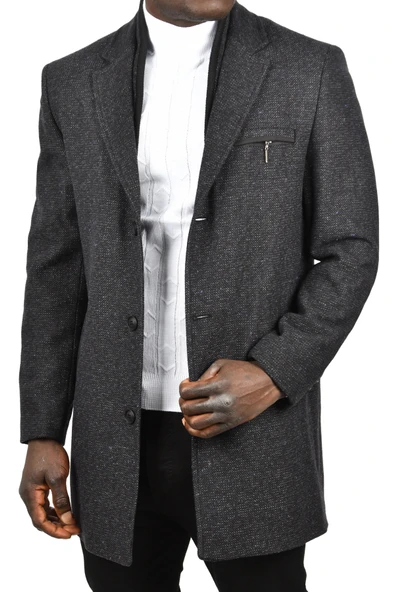 DeepSEA Çift Yaka Yakası Çıkabilen Kırçıllı Desen Dar Kesim Uzun Kaşe Kaban 2407002 - 11