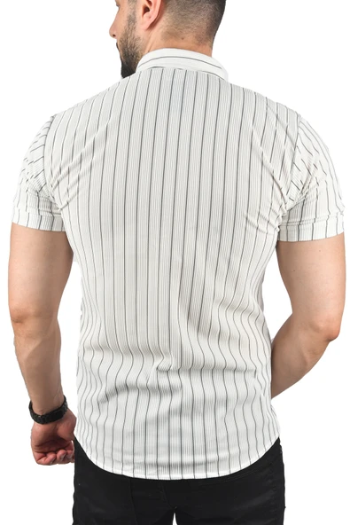 DeepSEA Slim Fit Likralı Spor Gömlek Dar Kesim Çizgili Kısa Kol Gömlek 2501218 - 9