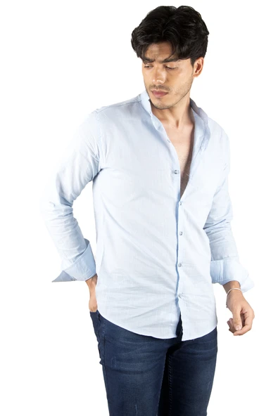 DeepSEA Slim Fit Dar Kesim Keten Gömlek Hakim Yaka Pamuklu Keten Spor Gömlek 2201895 - Resim 6