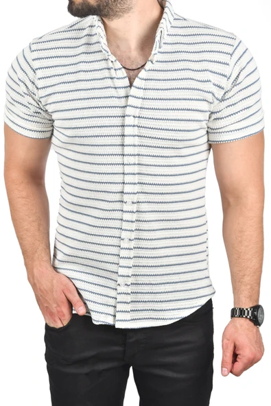 DeepSEA Slim Fit Örme Kumaş Gömlek Likralı Dar Kesim Kısa Kol Örme Triko Gömlek 2501208 - Resim 4