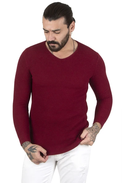 DeepSEA Kare Desenli Dar Kesim V Yaka Triko Kazak 2300341 - 8