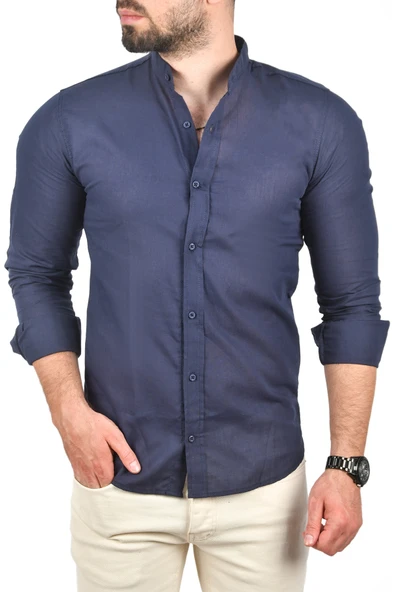 DeepSEA Slim Fit Dar Kesim Keten Gömlek Hakim Yaka Pamuklu Keten Spor Gömlek 2201895 - Resim 11